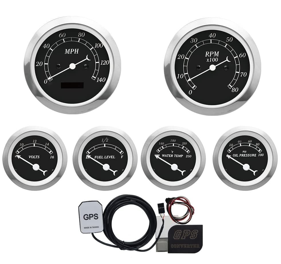 MOTOR METER RACING Classic 6 Gauge Set with GPS Electrical Speedometer Digital Odometer Black Dial White Needle Light Bulb Illumination 85mm 3-3/8" & 52mm 2-1/16"
