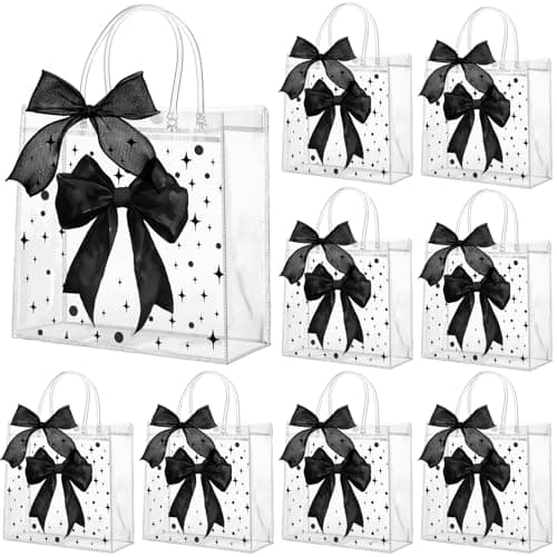 Wesnoy 24 Pcs Black Bow Clear PVC Gift Bags with Handles Coquette Bowknot Party Favor Candy Treat Tote Bags for Birthday Party Supplies Bow