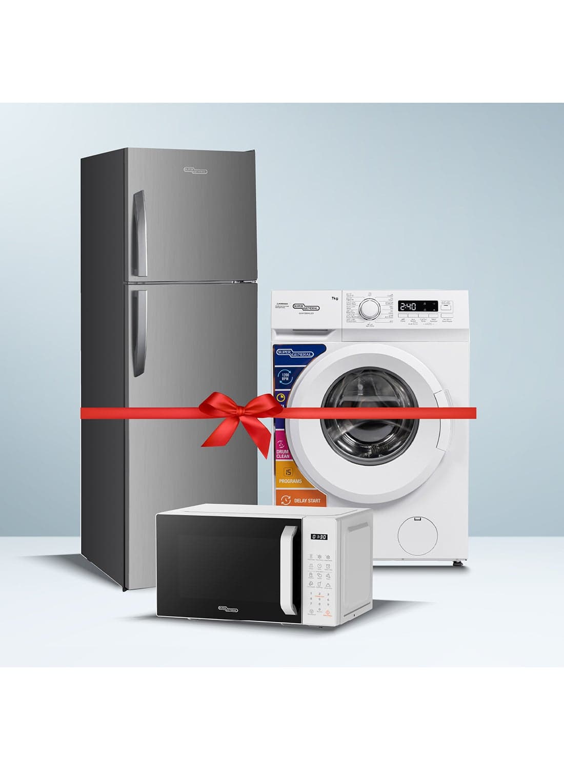 247 liters Net Double Door Refrigerator SGR365IE + 7 KG front load washing machine SGW7250NLED + 20 liters digital Microwave SGMM922DW SGR365IE+SGW7250NLED+SGMM922DW INOX