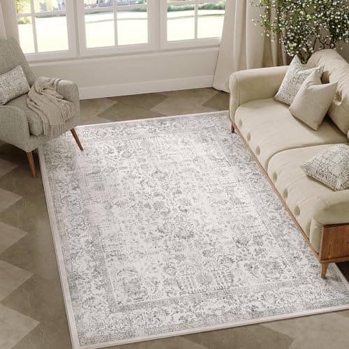 PureCozy Gray Area Rug 4x6 Office Entryway Rug Machine Washable Kitchen Vintage Distressed Non Slip Carpet Indoor Grey Retro Floral Accent Throw Door Mat for Bathroom Bedroom Dining Living Room