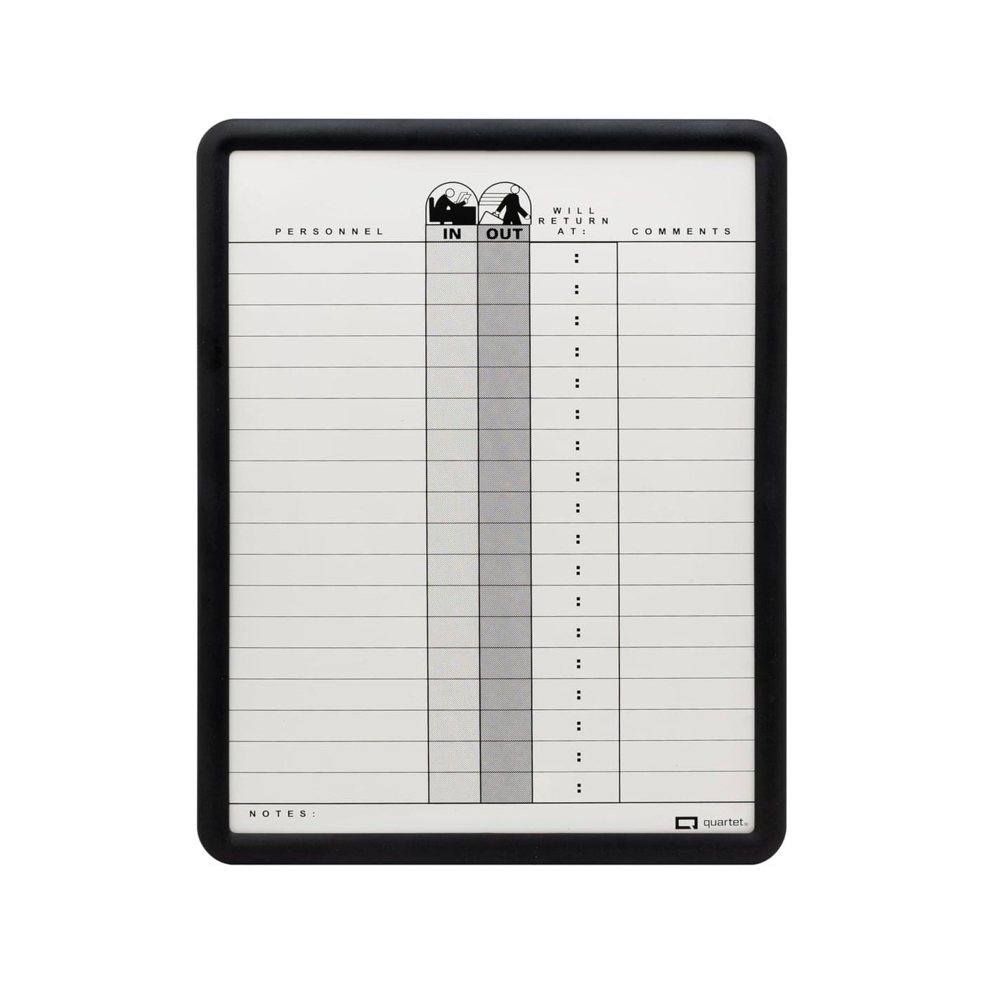 Quartet In/Out Board, 11" x 14", DuraMax Porcelain, In and Out Board, 18 Names, Classic Gray, Black Frame (750)