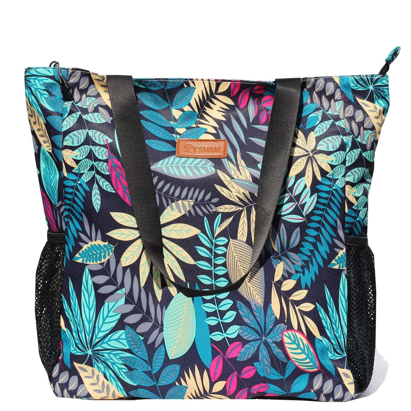 ESVAN Original Floral Water Resistant Large Tote Bag Shoulder Bag for Gym Beach Travel Daily Bags Upgraded V Blue leaf