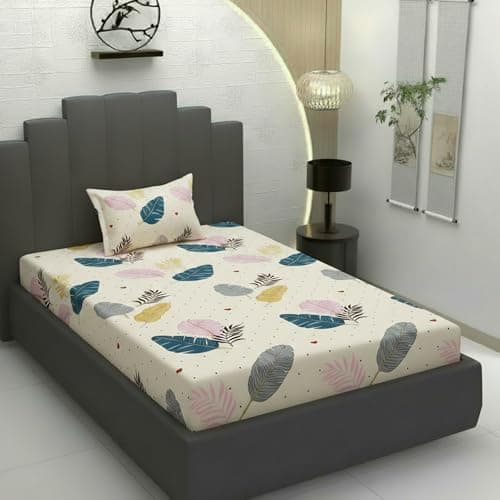 Filymore Flat Single bedsheet Floral Leaf Design bedcover with 1 Pillow Cover - 240 TC Soft Microfiber Bedspread for Single Size Bed Color Cream (90x60 inches)