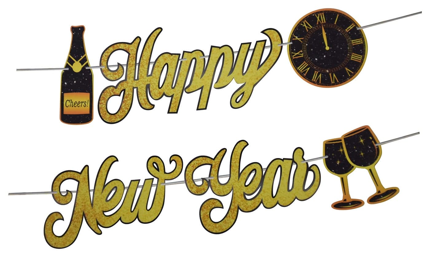 Jagmag® Golden Champagne Happy New Year Banner Black Bunting with Gold Alphabet for New Year Party Supplier Eve Party Decorations, Champagne with Wine Glass New Year Banner