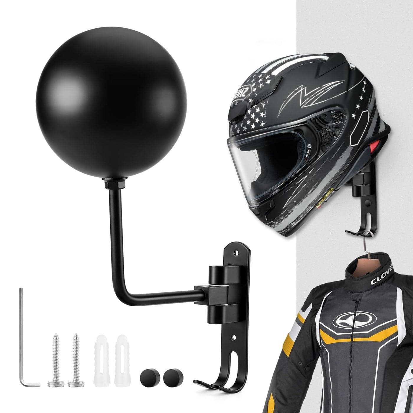 PAHTTO Motorcycle Helmet Holder Helmet Rack Wall Mount 180 Degree Rotation Helmet Hanger with Double Hook for Coats Caps Hats Motorcycle Accessories