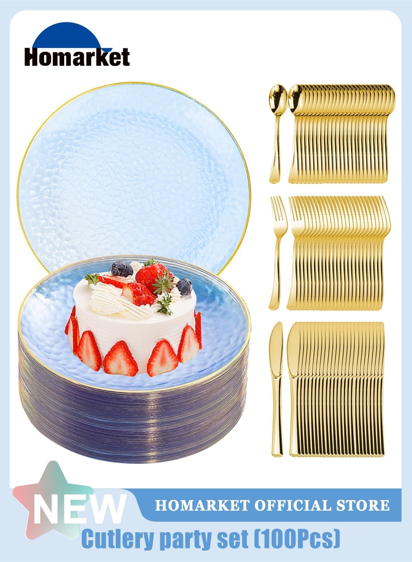 100PCS Plastic Plates,Blue Disposable Plates With Gold Rim,Heavy-duty Gold Plates,Hammered Party Plates Include 25 10.25" Blue Dessert-Platos,25 Forks,25 Knife and 25 Spoon for Party Wedding Birthday