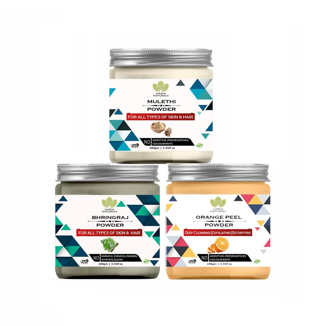 Haria Naturals 100 Pure Naturals Mulethi Powder 100gm Bhringraj Powder 100gm Orange Peel Powder 100gm Pack Of 3 300GM