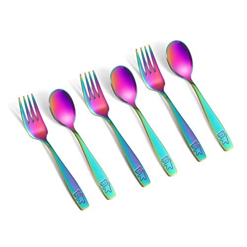 Pimoys 6 Pieces Toddler Utensils Kids Rainbow Silverware Stainless Steel Toddler Forks and Spoons Set Metal Childrens Safe Flatware Child Cutlery Set Dishwasher Safe