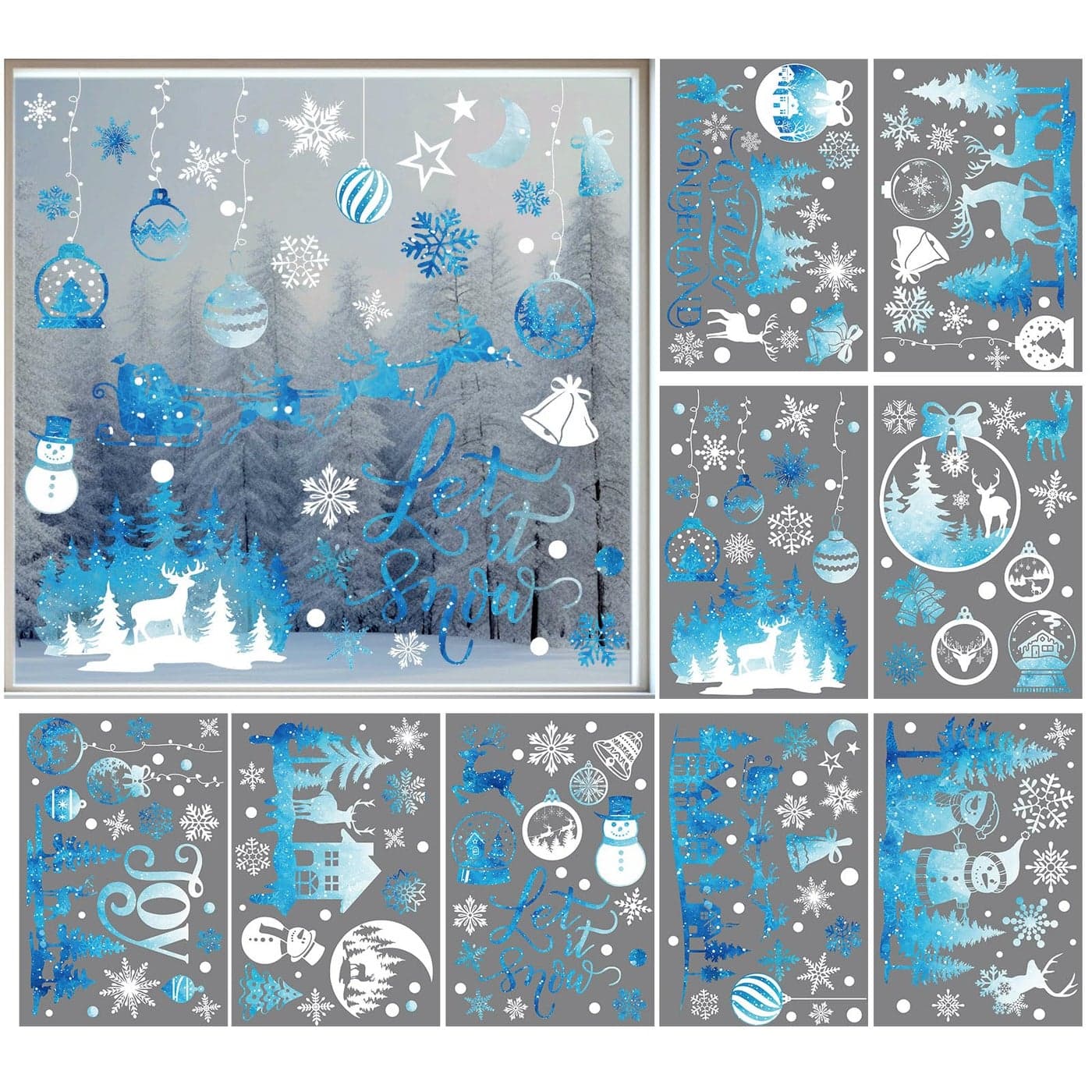 172Pcs Christmas Snowflake Window Clings Winter Wonderland Decal Stickers Let it Snow Reindeer Snowman Window Seasons Decals for Elk Snowball Holiday Home Kitchen Living Room9 Sheets Winter