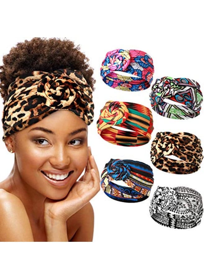 WILLBOND 6 Pcs African Headbands for Women Knotted Wide Non Slip Yoga Stretchy Turban Hair Scarfs Boho Print Headwrap Hair Accessories for Women Yoga Running Sports Workout