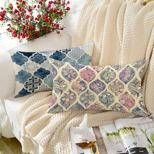 STITCHNEST Set of 2 Polycotton Cushion Covers – 12x18 Inches – Blue & Beige Moroccan and Ikat Print Combo – Elegant Sofa Cushion Covers for Living Room | Perfect for Home Decor