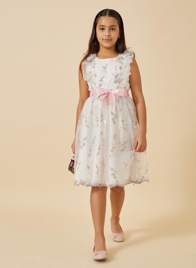 Embroidered Ruffle Detail Mesh Dress With Belt