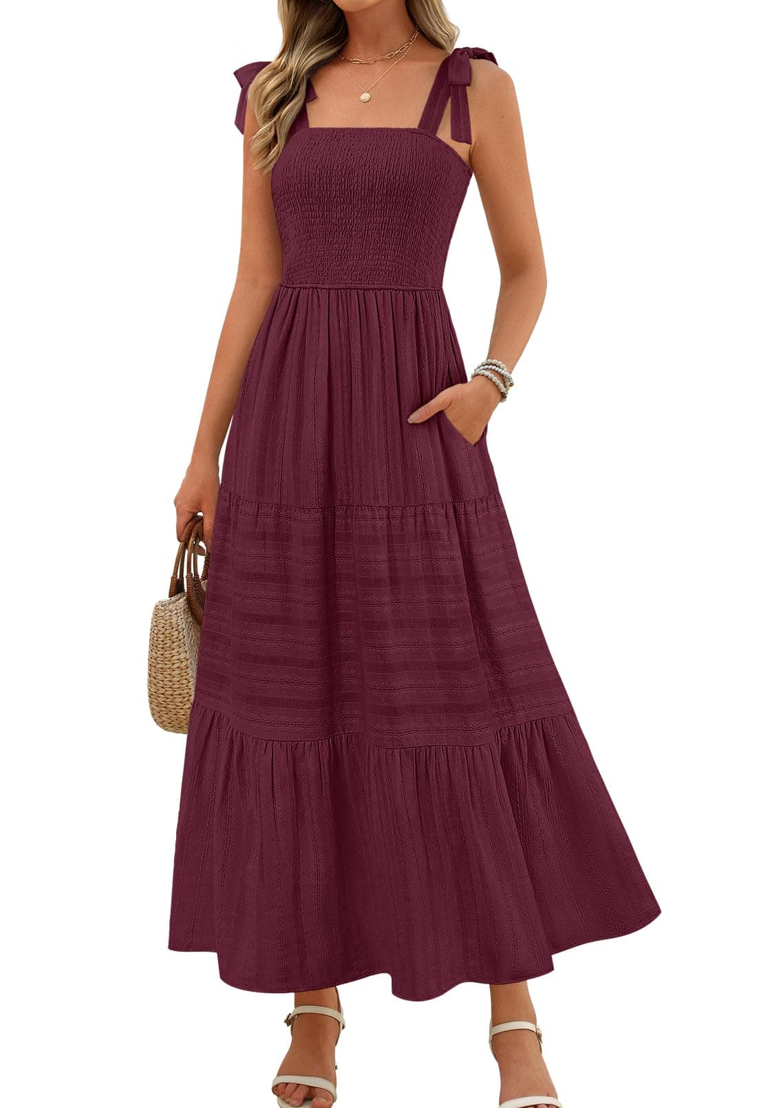 MEROKEETY Womens Summer Boho Maxi Dress Beach Vacation Casual Smocked A Line Sundress with Pockets Wine Small