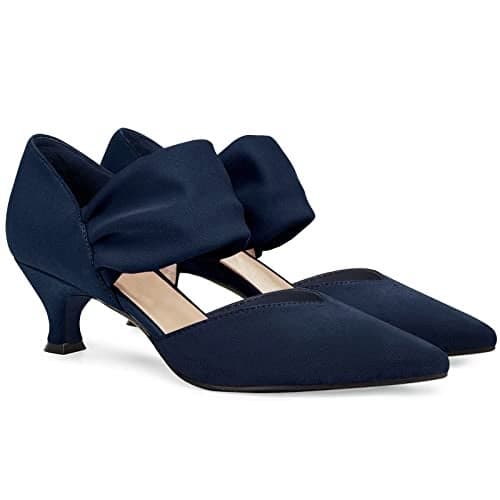 Coutgo Womens Low Kitten Heel Dress Shoes Pointed Toe Slip on Ankle Strap Cutout Elegant Party Wedding Pumps, Navy, Size 9