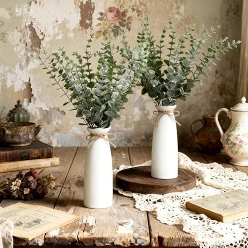LemonRoad 2 Pack Artificial Eucalyptus Stem in White Ceramic Vase 19" Fake Greenery Plants for Home Decor 40 Pcs Modern Indoor Fake Eucalyptus Stem for Table Centerpiece Living Room Bathroom