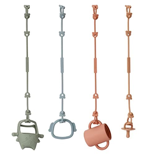 Eoopoon 4 Pack Toy Safety Straps Stretchable Silicone Pacifier Chains Adjustable Baby Bottle Toy Teethers Harness Strollers Straps for High Chair Hanging Baskets Cribs Car Seat Shopping Trolley