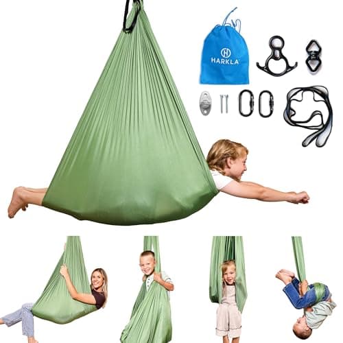 Harkla Sensory Swing for Kids Adults Holds 300lbs Indoor Outdoor Sensory Swing for Hug Like Calming Effect Durable Soft Stretch Fabric and Heavy Duty Hardware Green 100 Swing 5 Swivel