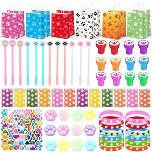 122 Pcs Paw Print Party Favors Blue Puppy Theme Birthday Decorations for Girl with Orange Blue Dog Paw Goodie Bags Stuffers Stickers Mochi Squishy Toys Pen Mini Notebook Easter Gifts for Kids