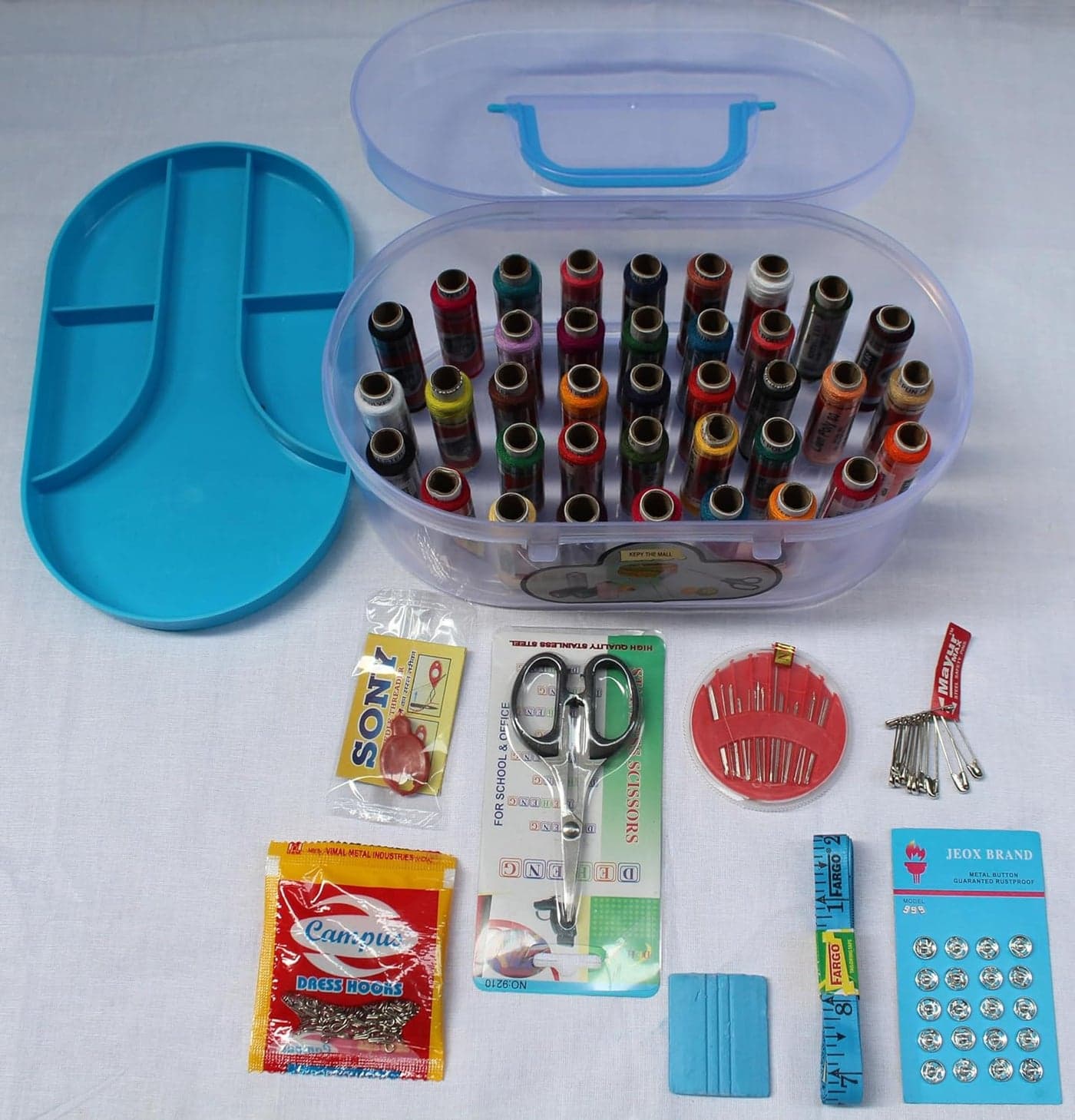 KEPY The MALL Portable Big Size 37 thread box Sewing kit Box Thread Spools Scissor Threader 70 Dress Hook Chowk Sefty Pin Opener Seam Ripper 24 Needles Set Tape Measure for DIY Beginners Emergency Travel Home