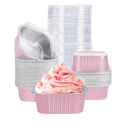 40 Pack Mini Cake Pans With Lids, 5oz Square Aluminum Foil Brownie Baking Cups, Muffin Tin Ramekins, Disposable Dessert Cupcake Cups for Wedding Birthday Party, Pink
