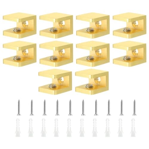 Uxcell Brass Glass Shelf Clamp, 10Pcs Adjustable Bracket Support Holder for 8-10mm Thick Glass, Gold