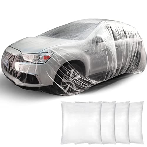 Tallew 4 Pcs Universal Plastic Car Cover 12. 5 x 21. 7ft Disposable Waterproof Full Exterior Cover with Elastic Band for Automobiles Sedan Outdoor Snow Rain Weather