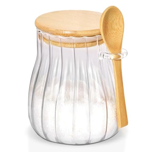 Quald 20oz Sugar Container with Bamboo Lid and Spoon,600 ml Sugar Bowl Glass Jar for Coffee Bar Accessories Coffee Canister Kitchen Decor (Large)