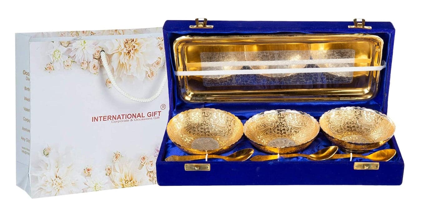 INTERNATIONAL GIFT® German Silver Brass Round Bowl Set with Tray and Spoon with Royal Royal Luxury Velvet Box Used for Dry Fruit, Sweets and Home Decor