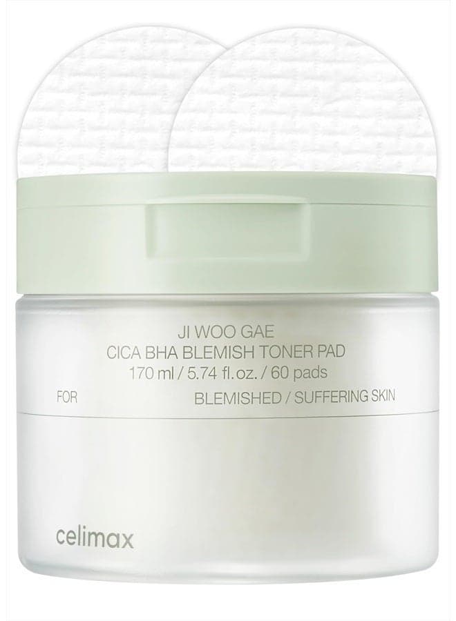 Ji.Woo.Gae Cica BHA Blemish Toner Pad | Hydrating & Moisturizing Exfoliating Pads for Oily Combination Skin, for Soothing, Depuffing, Repairing, Astringent Pads (60 Pads)