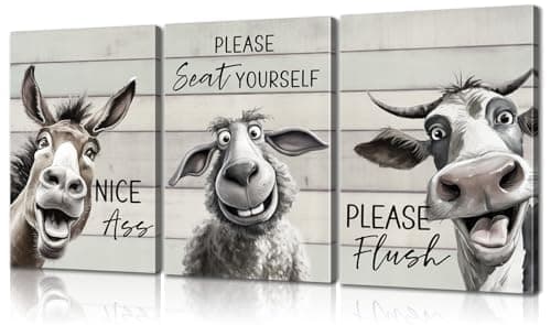 3 Piece Funny Bathroom Quote Canvas Wall Art with Built-in Wooden Frame - Funny Animal Wall Art & Farmhouse Horse Sheep Cow Painting for Bathroom - Lightweight, Ready to Hang, 12x16x3 Inches