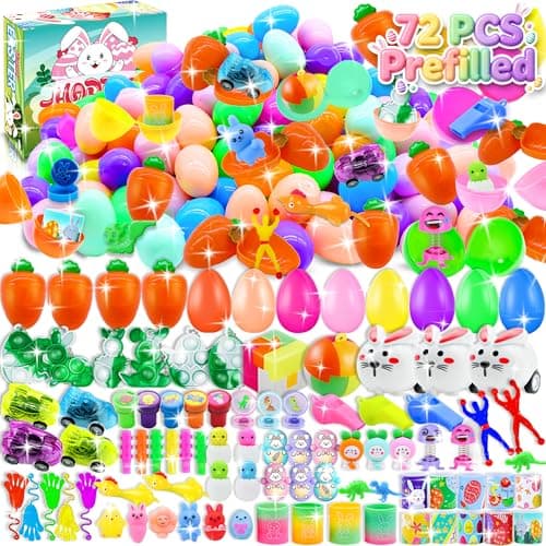 Pistroy 72 Pack Prefilled Easter Eggs with Toys Inside Plastic Eggs Fillers Basket Stuffers with Surprise Carrot Eggs Hunt Games Party Favors Save Time Gifts