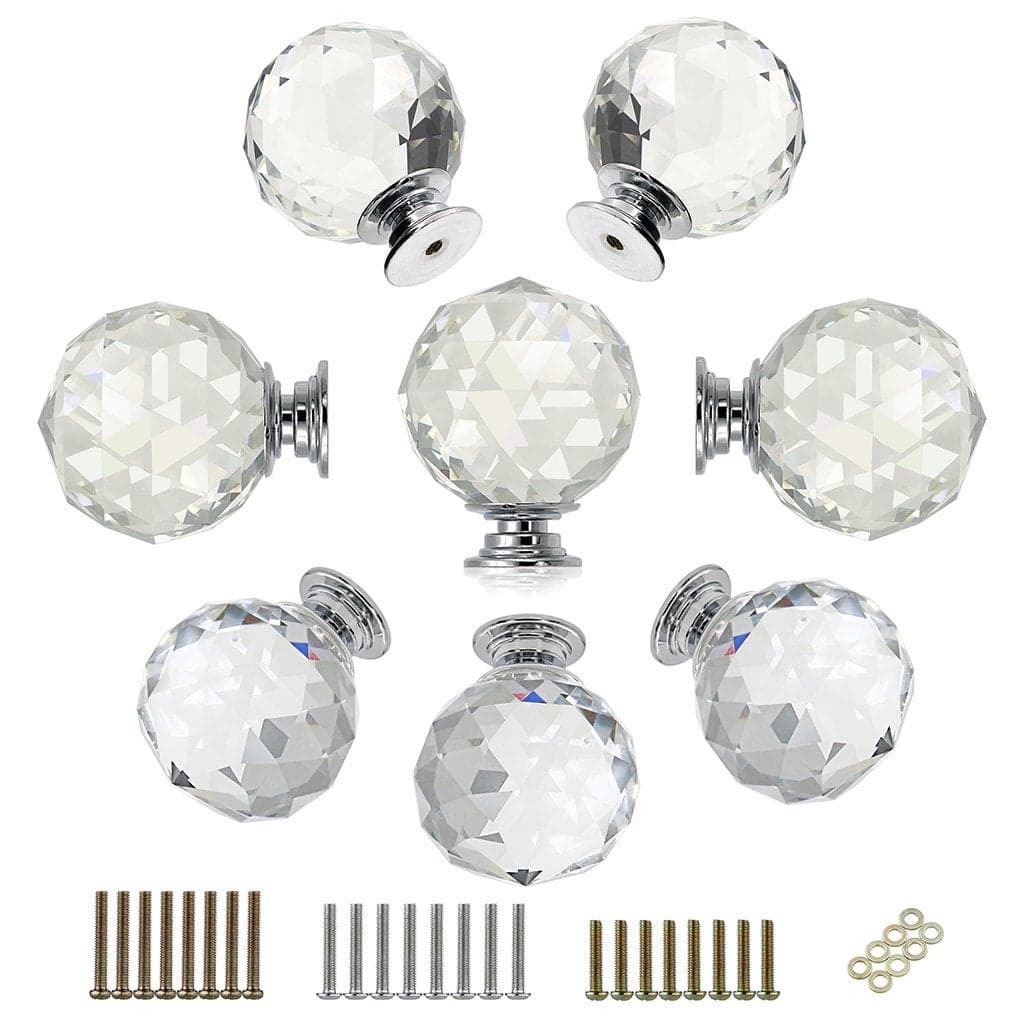 BTSKY 8 Pcs Round Diamond 40mm16 inches Clear Glass Crystal Cabinet KnobsCupboard Door KnobsCrystal Drawer Pull HandlesGlass Dresser Knobs with 3 Kinds of Screws