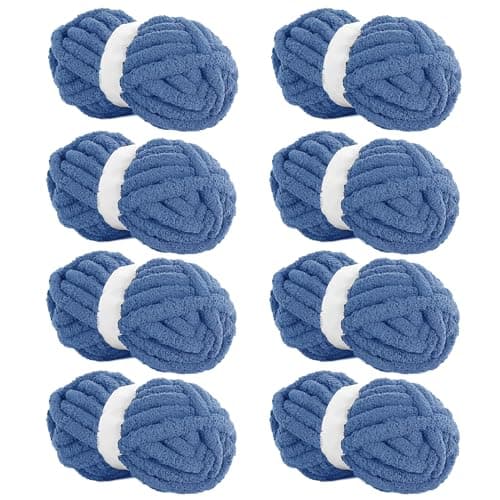 HOMBYS Country Blue Chenille Yarn for Crocheting, Bulky Thick Fluffy Yarn for Knitting,Super Bulky Chunky Yarn for Hand Knitting Blanket, Soft Plush Yarn, 8 Jumbo Pack (27 yds,8 oz Each Skein)