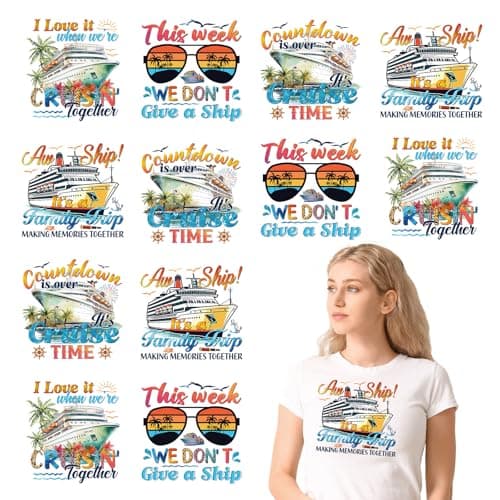 Falueqg Vintage Cruise Iron on Transfer 12Pcs Cruise Ship DTF Transfers Ready to Press Family Trip Iron on Decals Patches Palm Tree Boat Heat Transfer Vinyl Stickers for TShirt Jeans Bag Hats