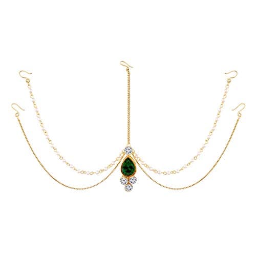 I Jewels Traditional Gold Plated Bridal Chain with Pearl Layer Stone Mathapatti/Maang Tikka Jewellery for Women (T1083G)
