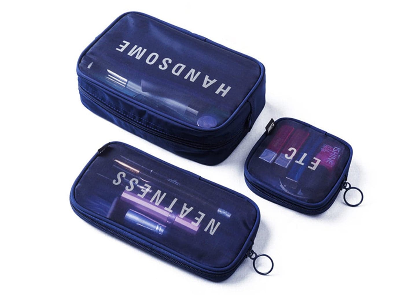 House of Quirk Nylon Travel Mesh Makeup Bags Set 3 Pieces See Through Zipper Pouch Trave Cosmetic And Toiletry Kit Organizer Bag 3 Pack Of S M L (Dark Blue)