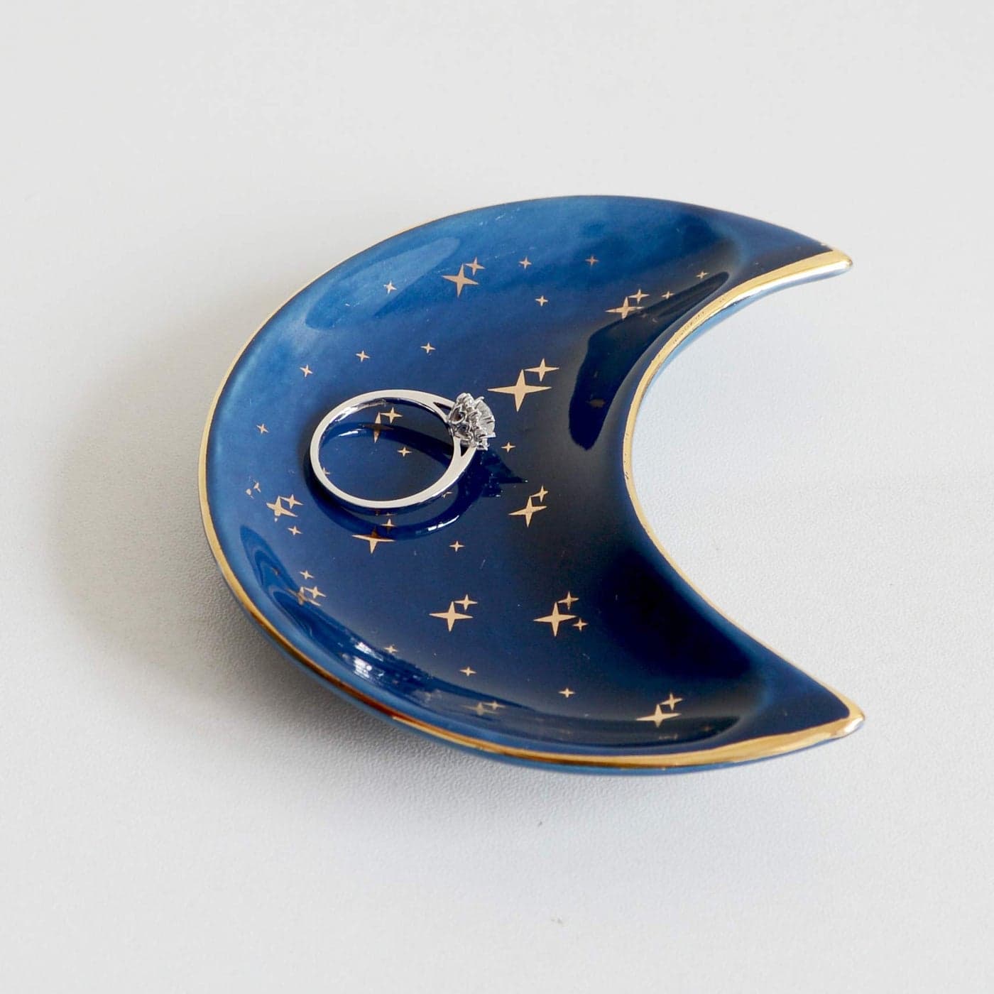 BIHOIB Small Moon Jewelry Dish Tray Decorative Ceramic Trinket Dish Modern Accent Tray for Vanity Blue
