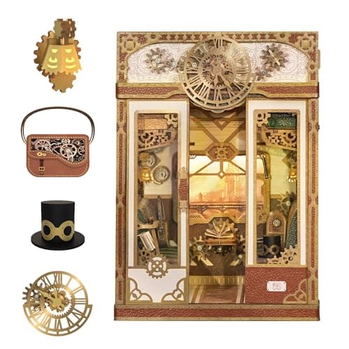 Tonecheer DIY Book Nook Kit for Adults Miniature Infinity Train Cabin Steam Age Vintage Carriage Model Wooden 3D Puzzle Dollhouse Booknook Decorative Bookend Gifts Steam Fantasy
