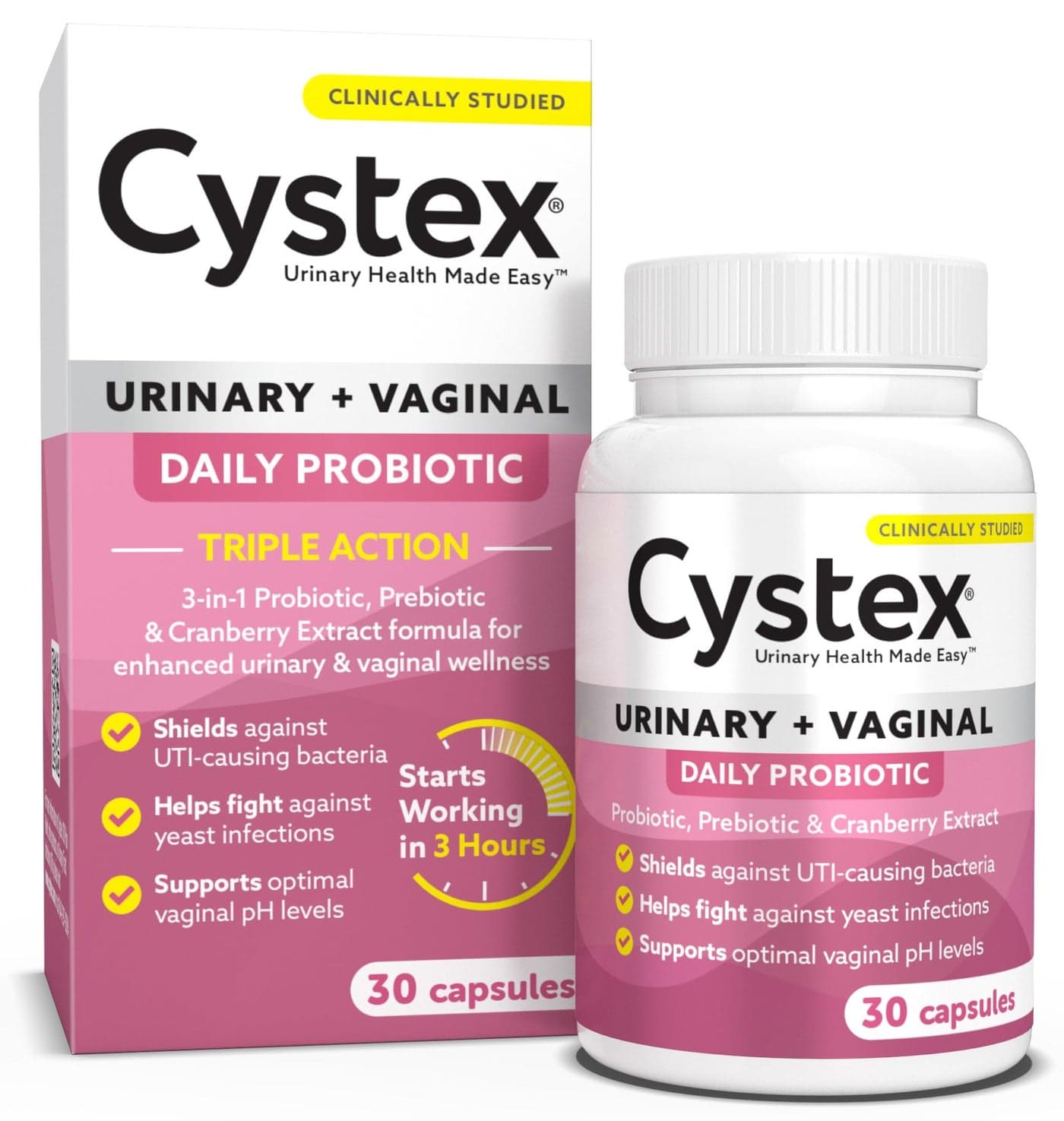 Cystex 3in1 Urinary Tract Probiotic for Women FastActing UTI Yeast Infection Support with Prebiotics Probiotics Cranberry Supports Vaginal pH Flora Balance 30 Capsules