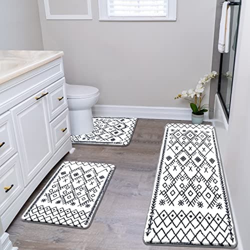 HEBE Bathroom Rug Set - 3 Piece Non Slip Shower Mats with U-Shaped Toilet Mat, Absorbent Microfiber Bath Mats for Bath Rugs, Washable Shaggy Floor Carpet