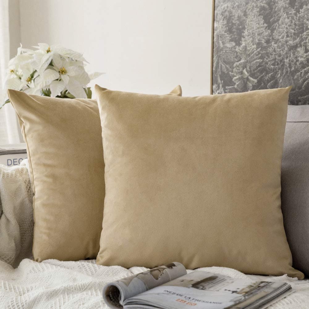 MIULEE 24x24 Inch Euro Sham Velvet Pillow Covers Set of 2 Large Square Decorative Pillows Khaki Super Soft for King Bed Sofa Couch Accent Chairs with Hidden Zipper