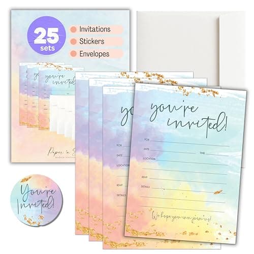 Blank Party Birthday Invitations With Envelopes For All Occasions, Set of 25 - Weddings, Bridal Showers, Engagement, Graduation, Fill In Colorful Watercolor Invites -Kids or Adults