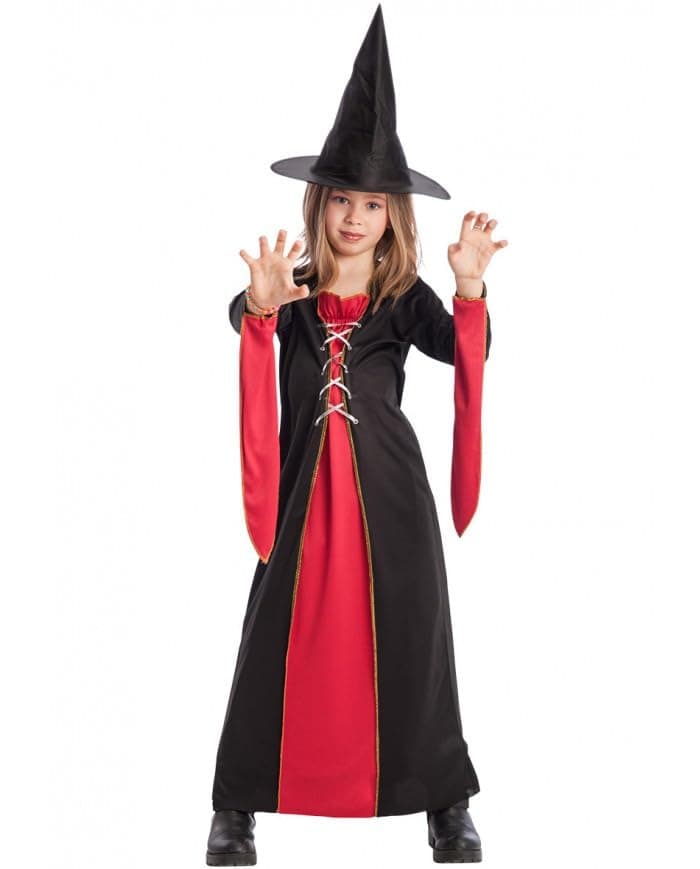 DEVARSHEE Girls Halloween Witch Costume – Red & Black Long Gown with Hood and Lace-Up Front | Gothic Sorceress Fancy Dress for Parties, Cosplay & Trick-or-Treat (7-8 Years)