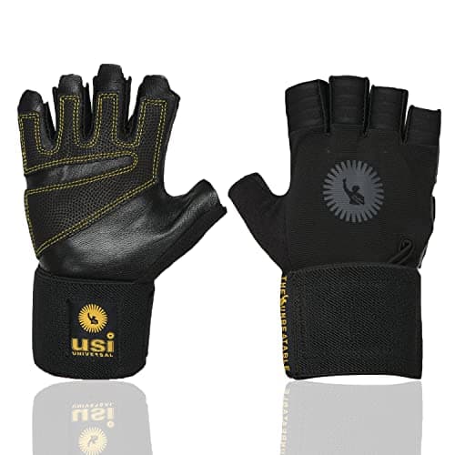 USI UNIVERSAL 733UB Unbeatable Fitness Gym Gloves, Workout Powerlifting Gloves, Leather, Leather Palm (Small, Black/Yellow)