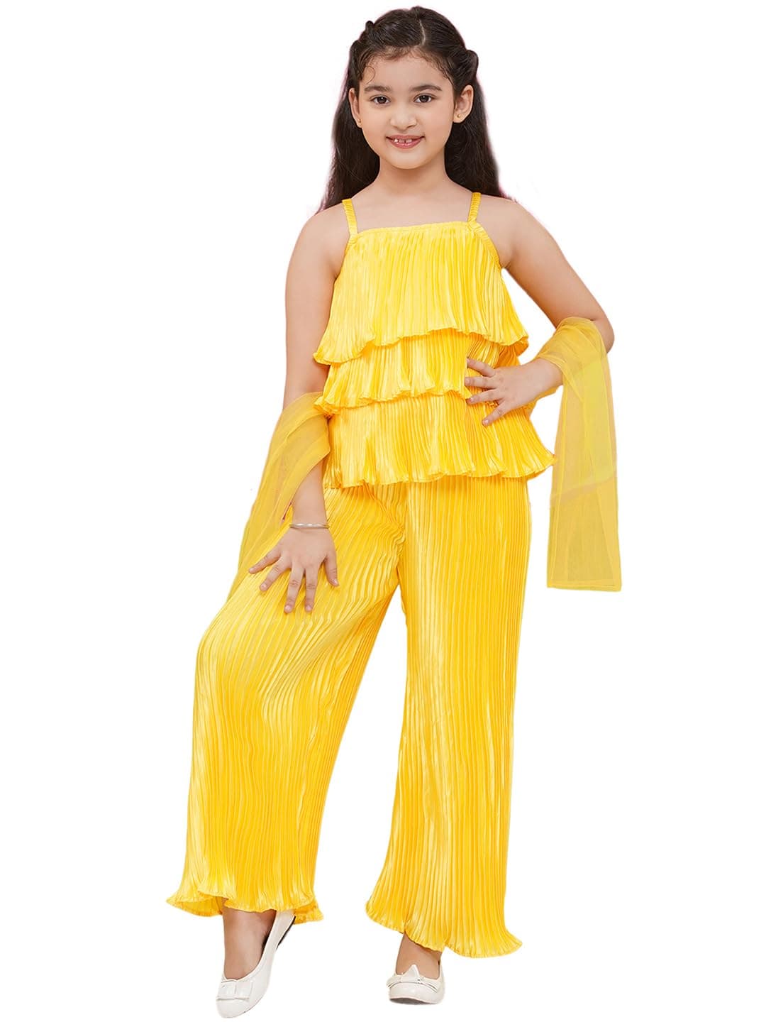 AJ DEZINES Kids Clothing Casual Wear Satin Solid Yellow Top and Bottom Dress For Girls With Kurta with Pant and Dupatta(G-IW003-YELLOW-24), 4 Years-5 Years