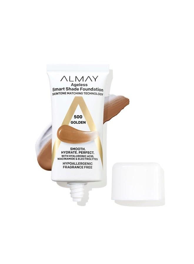 Anti-Aging Foundation, Smart Shade Face Makeup with Hyaluronic Acid, Niacinamide, Vitamin C & E, Hypoallergenic-Fragrance Free, 500 Golden, 1 Fl Oz (Pack of 1)