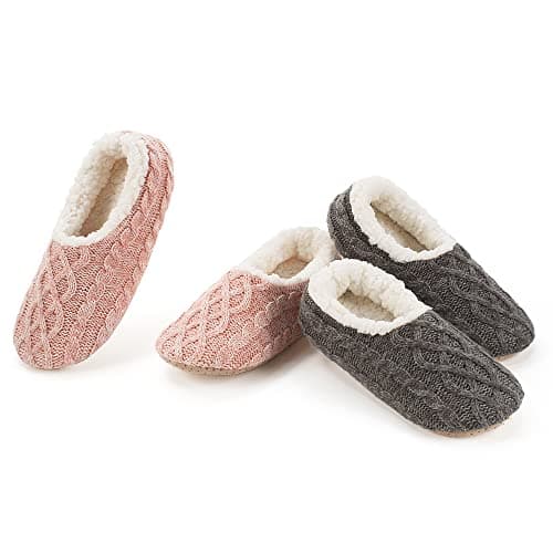 cosyone1997 2-Pair Thick Warm Fuzzy Slippers for Women Indoor Fluffy Sherpa Lined,Winter House Shoe Socks Non-Slip Soft Soles, Cozy Christmas Gifts, Cable Knit Grey Pink Adult Size 9-10