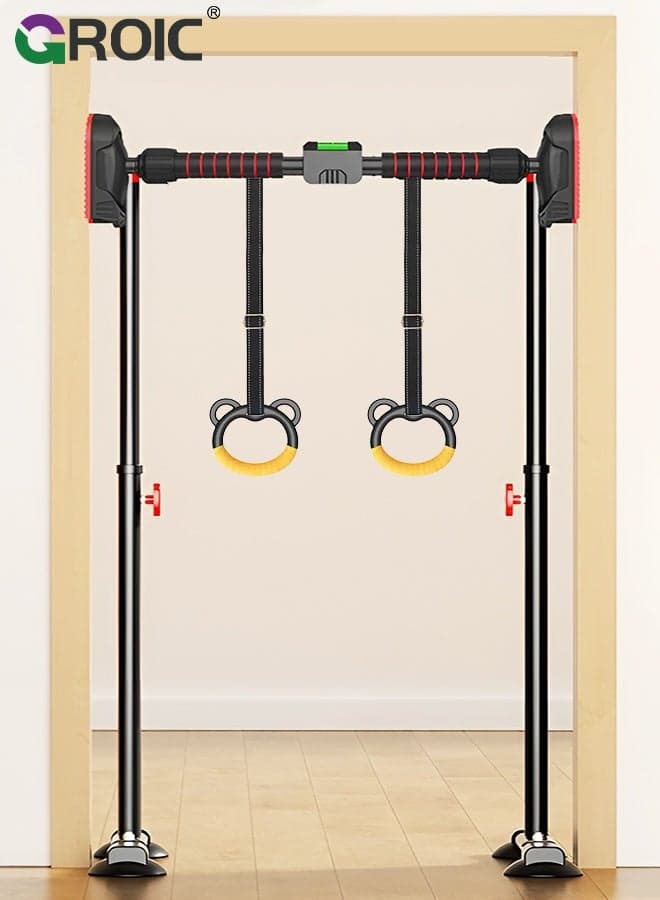 "Pull Up Bar, No-Drill Pull Up Bar with Gymnastic Rings, 96-135cm Adjustable Floor-to-Ceiling Chin Up Bar, Heavy-Duty Indoor Home Gym Equipment for Kids & Adults, Home Fitness Equipment, Chin Up Bar "