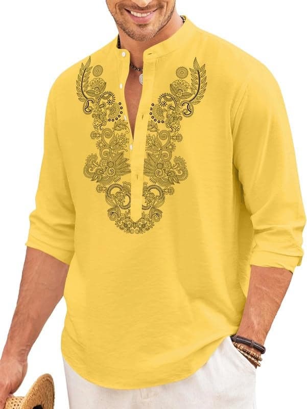 FINIVO FASHION Men’s Cotton Blend Short Kurta with Full Sleeves and Ethnic Neck Design | Casual Crinkle Texture Kurta with Mandarin Collar Yellow