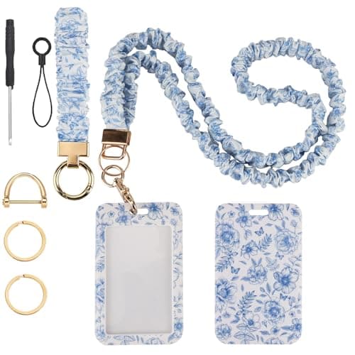 Nlicrst Scrunchie Lanyard Breakaway with ID Badge Holder - Chinoiserie Style Stretchy Lanyards with ID Badges Wristlet Keychain Key Rings Set for Birthday, Nurse Teachers Workers Women Gifts